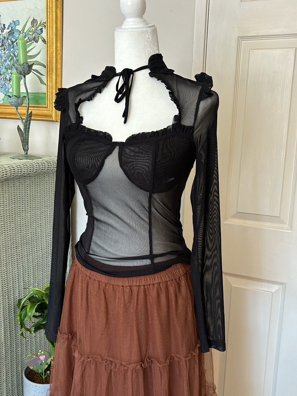 Sheer mesh Black Ruffle Tie-Neck Long Sleeve Top whimsigoth